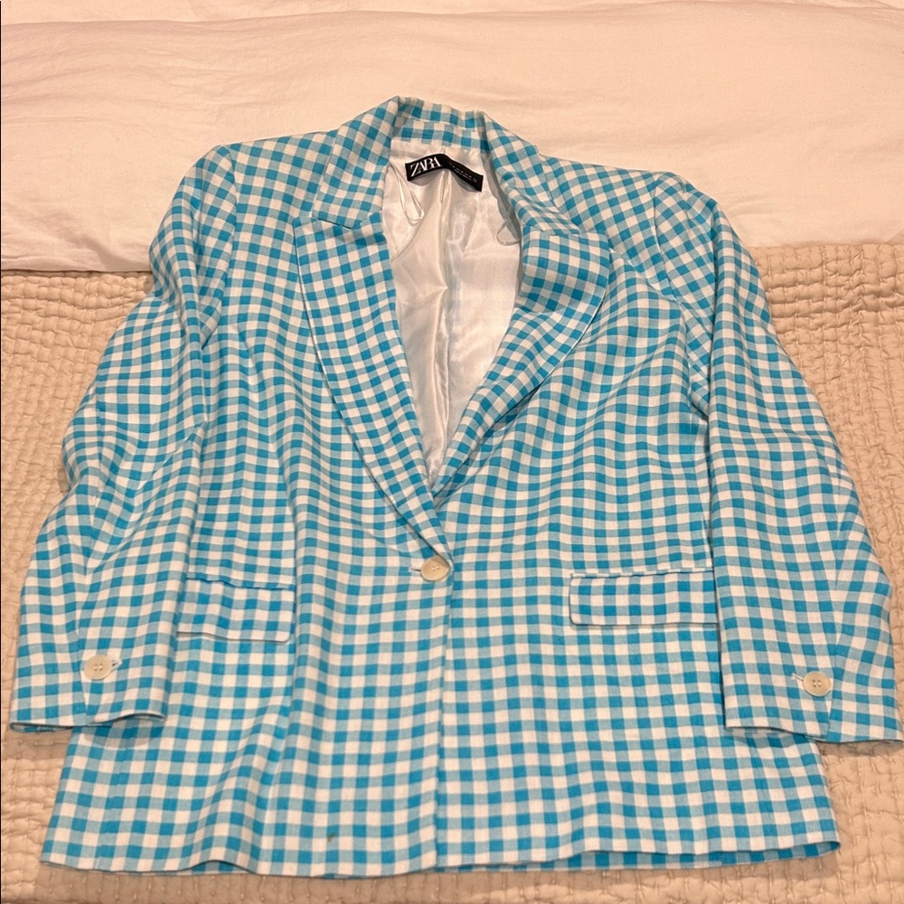 Zara White and Blue Checkered Men's Blazer